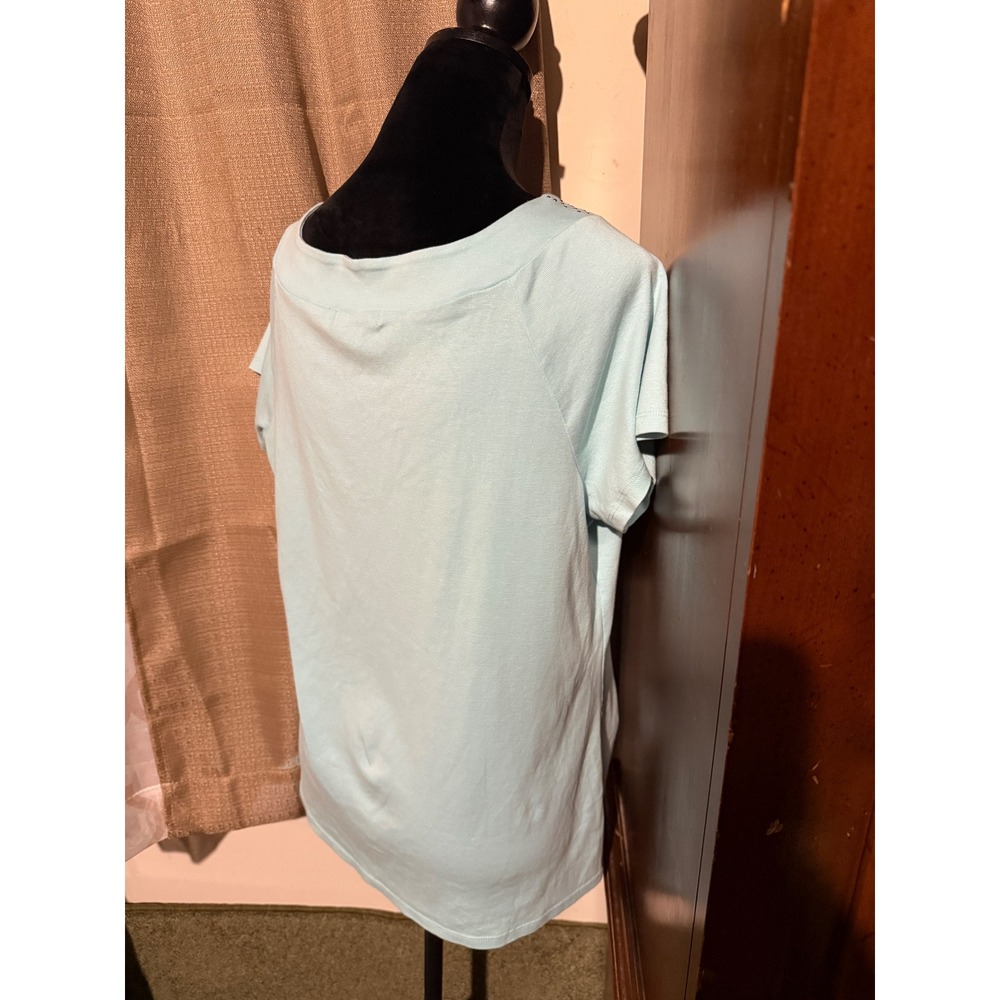 Westport 1962 Women 1X Light Blue Good Rhinestone V-Neck Short Sleeve Top - Picture 3 of 6